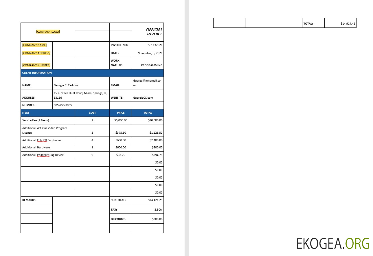 Modèle de facture de support informatique